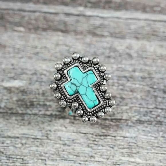 Western Turquoise Cross Adjustable Ring - Picture 3 of 5